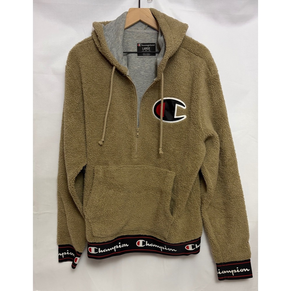 Champion Sherpa Hoodie Mens Large Tan Excellent 1/4 Zip Big C Logo Pullover